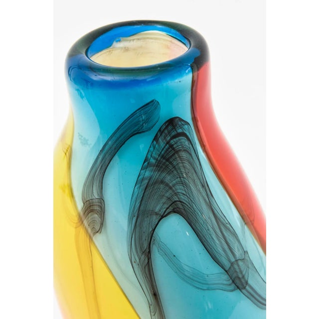 Glass Murano Italian Signed Fratelli Glass Vase 80's Orange Red, Turquoise, Blue, Yellow, Charcoal Black Vase, Vessel 80's For Sale - Image 7 of 12