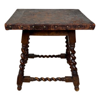 Embossed Leather and Oak Barley Twist Side Table, 1890s For Sale