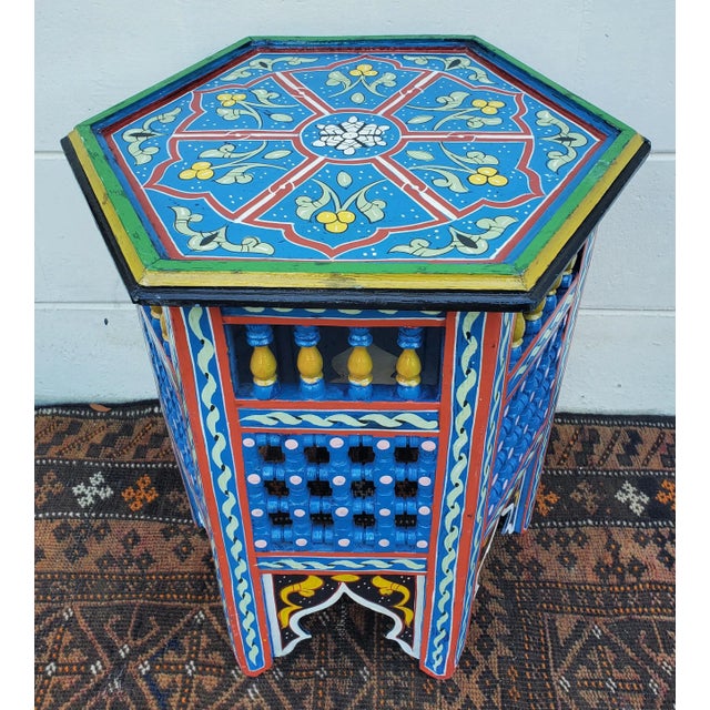 Wood Moroccan Hexagonal Wooden Side Table, Musharabi Blue 2 For Sale - Image 7 of 7