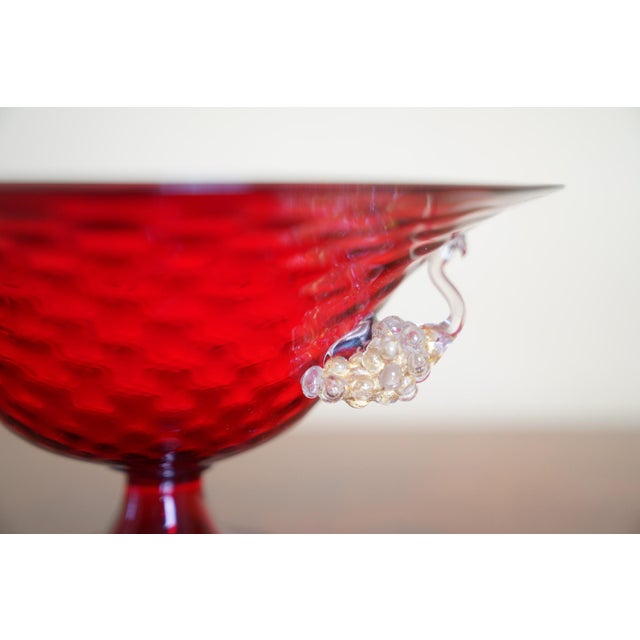 Vintage Ruby Red Murano Art Glass Footed Compote With Applied Grapes For Sale - Image 9 of 12