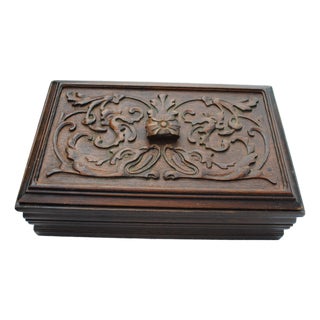 Antique Walnut Carved Keepsake Presentation Box With Dragons For Sale