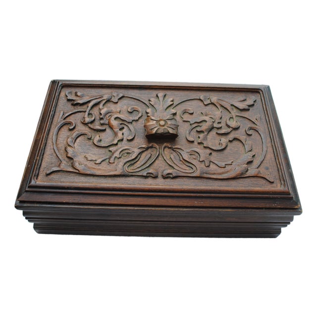 Antique Walnut Carved Keepsake Presentation Box With Dragons For Sale