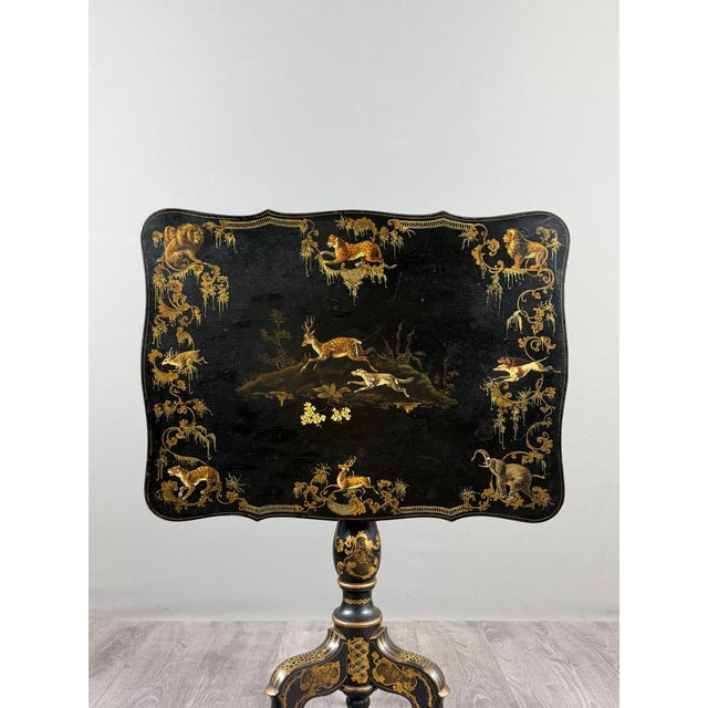 19th Century Napoleon III Folding Table in Black Lacquered Wood with Gilt Decoration For Sale - Image 4 of 11