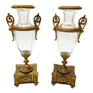 19th Century French Bronze Metal and Crystal Urns- Set of 2