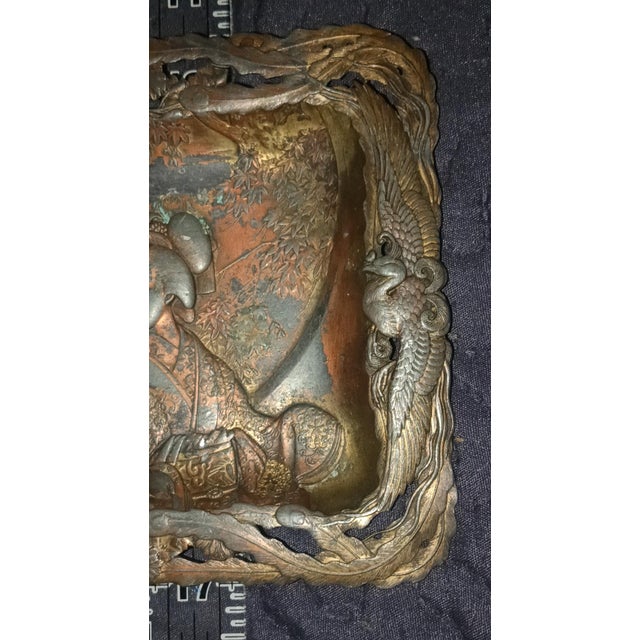 Antique Japanese Mixed Metal Geisha Plaque – Pierced Ornate Wall Tray – 7×5" For Sale - Image 6 of 13