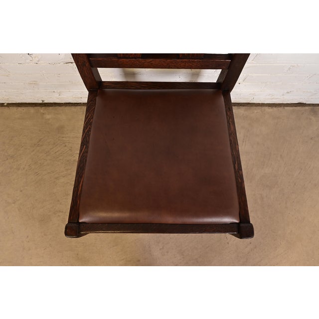 Wood Gustav Stickley Antique Mission Oak Arts & Crafts H-Back Dining Chairs With Leather Seats, Newly Restored For Sale - Image 7 of 11