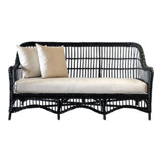 Antique Wicker Settee With Custom Made Cushions For Sale