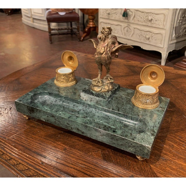 Late 19th Century 19th Century French Green Marble and Bronze Rooster Inkwell Signed Melotte For Sale - Image 5 of 13