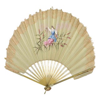 Hand-Painted Silk and Lace Fan, Early 20th Century For Sale