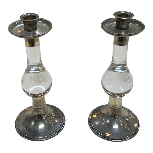 Set of 2 Vintage Crystal and Silver-Tone Candlesticks 1980s For Sale