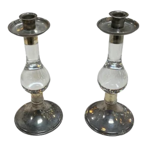 Set of 2 Vintage Crystal and Silver-Tone Candlesticks 1980s