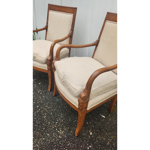 French Pair of Vintage French Empire Style Dolphin Carved Walnut Armchairs With Down Cushions For Sale - Image 3 of 18