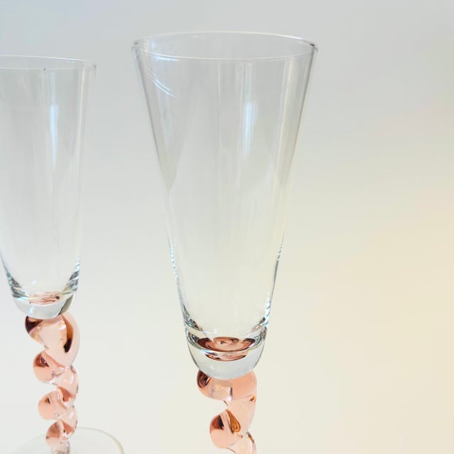 Contemporary Pink Spiral Stem Champagne Flutes - Set of 2 For Sale - Image 3 of 6
