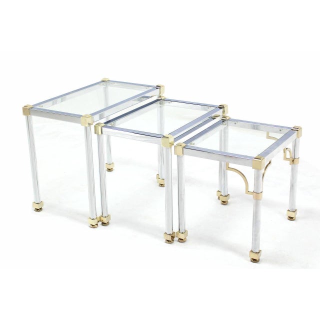 Set of 3 Chrome and Brass Metal Glass Top Nesting Side End Occasional Tables For Sale - Image 9 of 9
