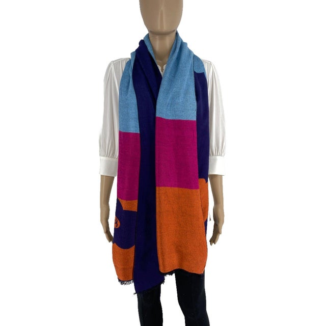 Chanel 50% Silk 50% Wool Multicolour Scarf Shawl. Large colour-block shawl in purple, sky blue, fuchsia pink and orange...