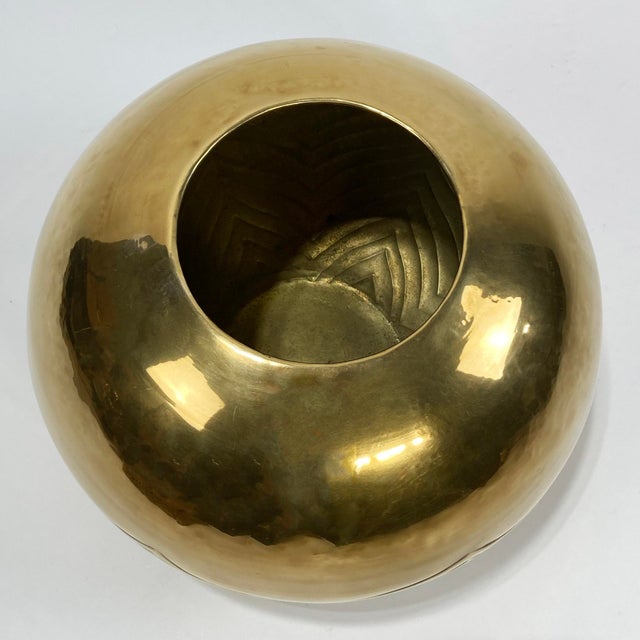 Dolbi Cashier Vintage Postmodern Style Round Etched Brass Planter or Vase For Sale - Image 4 of 7