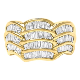 14K Yellow Gold 1-1/3 Cttw Baguette Diamond Wave Design Band Ring, Size 7 For Sale