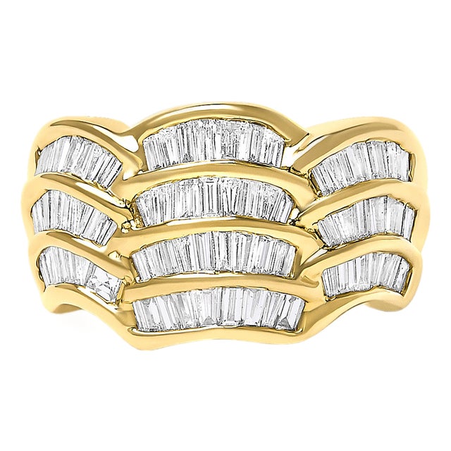 14K Yellow Gold 1-1/3 Cttw Baguette Diamond Wave Design Band Ring, Size 7 For Sale
