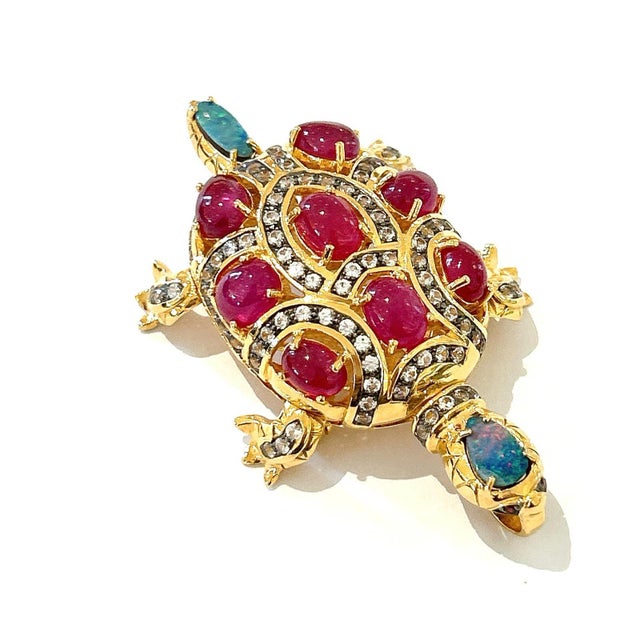 Baroque Bochic “Orient” Retro Multi Ruby, Topaz & Opal Brooch Set in 18k Gold & Silver For Sale - Image 3 of 4