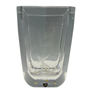 Signed Orrefors Sweden Engraved Crystal Vase – Figural Scene – Mid-Century Modern – 7.75”