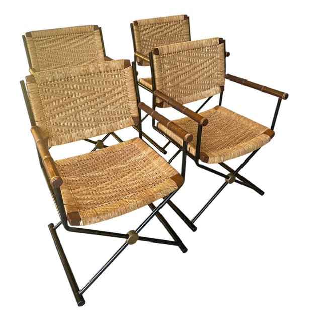 French Set/4 French Jute Raffia Woven Directors Chairs For Sale - Image 3 of 12