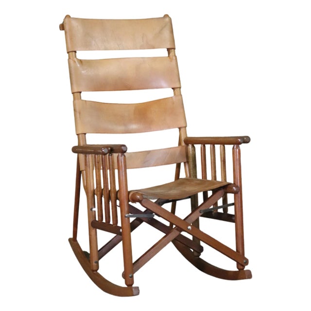 Mid 20th Century Folding Leather Strap Rocking Chair For Sale