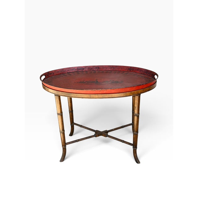 Antique Red Tole Tray Side Table on Mahogany Fan Bamboo Stand.