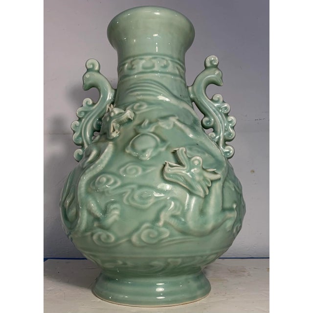 1970s Vintage Large Celadon Dragon Urn/Vase With Peacock Handles For Sale - Image 10 of 10