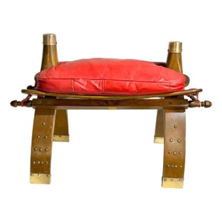 Vintage Camel Saddle Stool With Red Cushion | Folk Art Southwestern Accent Seat For Sale