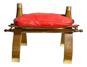 Vintage Camel Saddle Stool With Red Cushion | Folk Art Southwestern Accent Seat