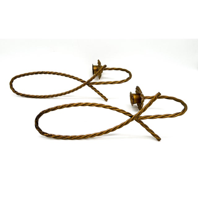Pair Vintage Hollywood Regency Gilt Metal Twisted Rope Wall Candle Sconces - French Country, Neoclassical For Sale In Houston - Image 6 of 7