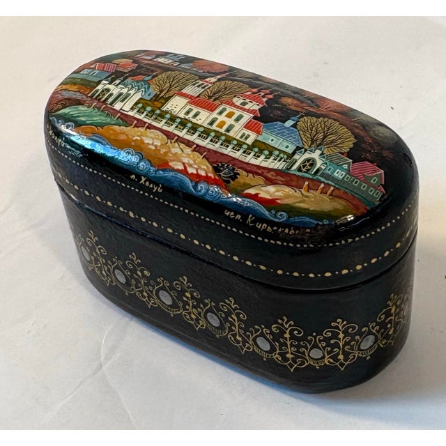 Folk Art Vintage Russian Hand Painted Laquered Wood Trinket Box For Sale - Image 3 of 11