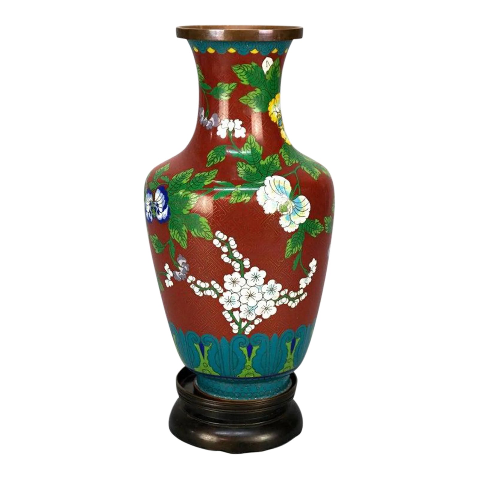 Antique Chinese Cloissone Enameled Vase with Bronze Base, Garden Themed