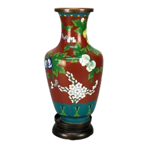 Antique Chinese Cloissone Enameled Vase with Bronze Base, Garden Themed, Circa 1900