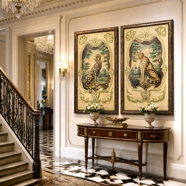 Art Deco Paintings Leopard & Cheetah - Extra Large Trompe l'Oeil Pair For Sale - Image 3 of 18