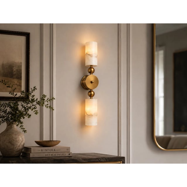 Brass Double Wall Sconce With Natural Alabaster Shades, Contemporary Double Wall Sconce, Natural Stone Lighting for Bedroom & Hallway For Sale - Image 4 of 9
