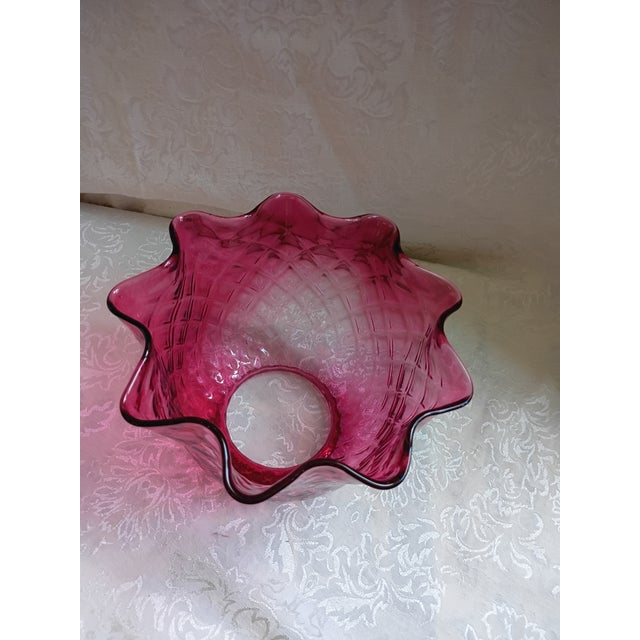 Gemstone Mid-Century Fenton Style Diamond Quilted Cranberry Glass Ruffled Lamp Shade For Sale - Image 7 of 9