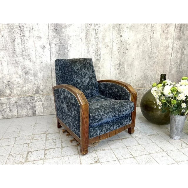 Art Deco Blue Velvet Lounge Chair For Sale - Image 3 of 7