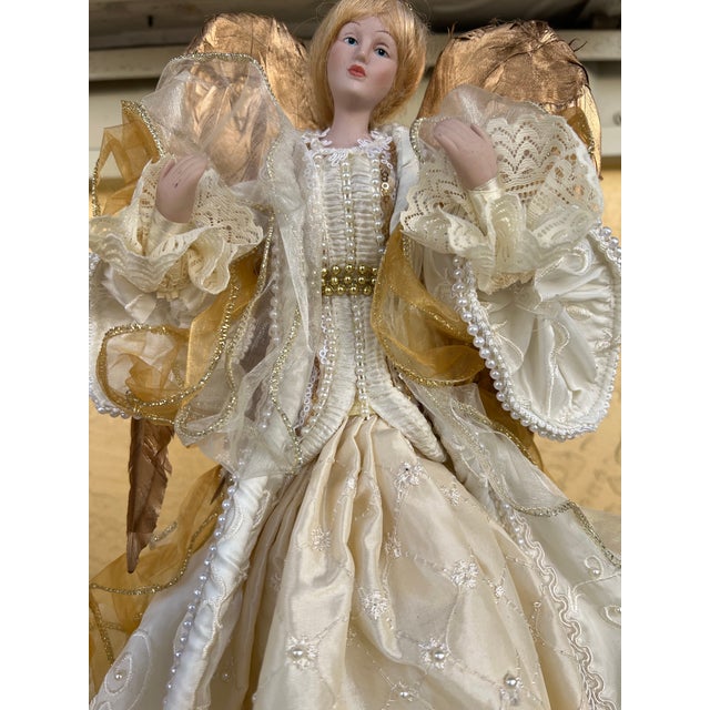Traditional 1980s Large 18.5” White & Gold Angel Tree Topper For Sale - Image 3 of 5