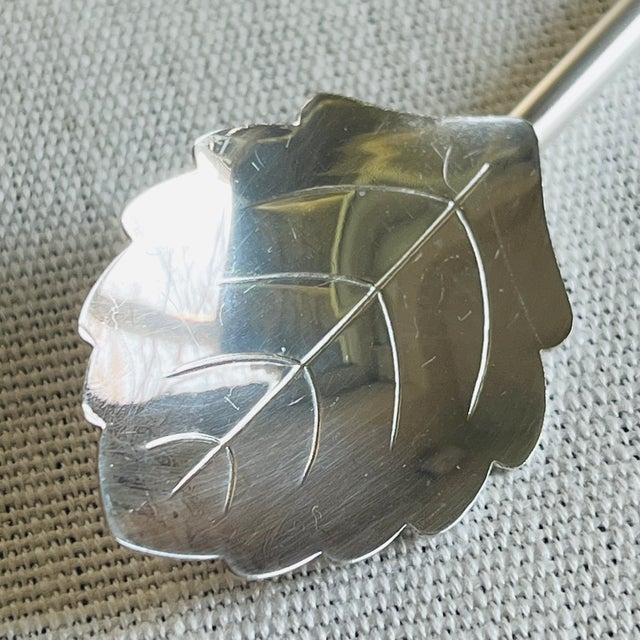 Mid-Century Modern Silverplate Leaf Design Cocktail Stirrer Straws Sipper Spoons Denmark - Set of 6 For Sale - Image 4 of 16