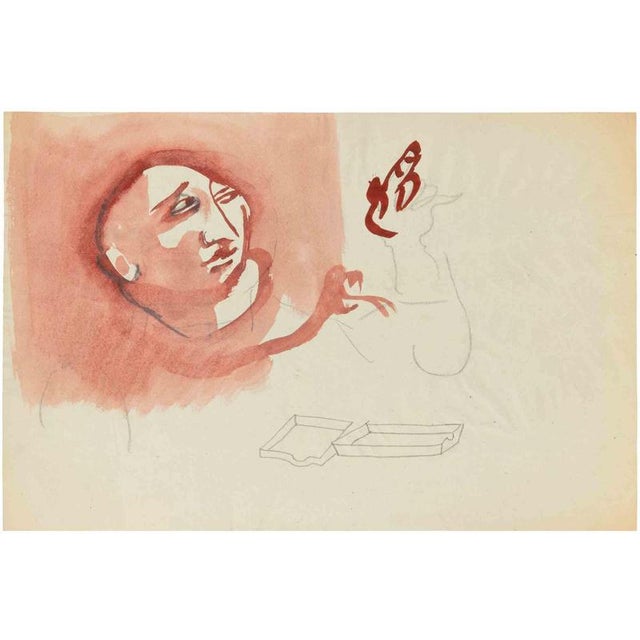 Red ink and watercolor on paper. Hand signed in pen in the top right of the image. Very good condition, with another...