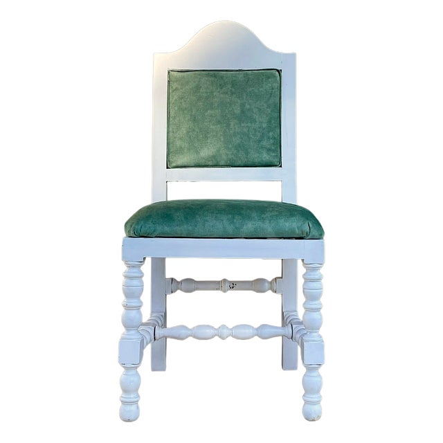 Antique Portuguese Wood Chair in Agua Green Velvet Fabric, 1920s For Sale