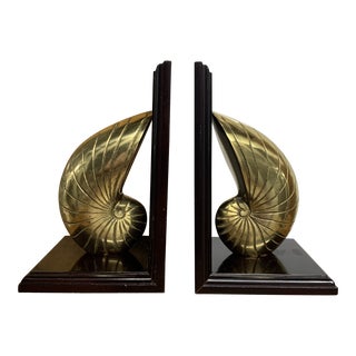 Pair of Vintage Brass Nautilus Shells on Chocolate Lacquered Bookend Bases For Sale