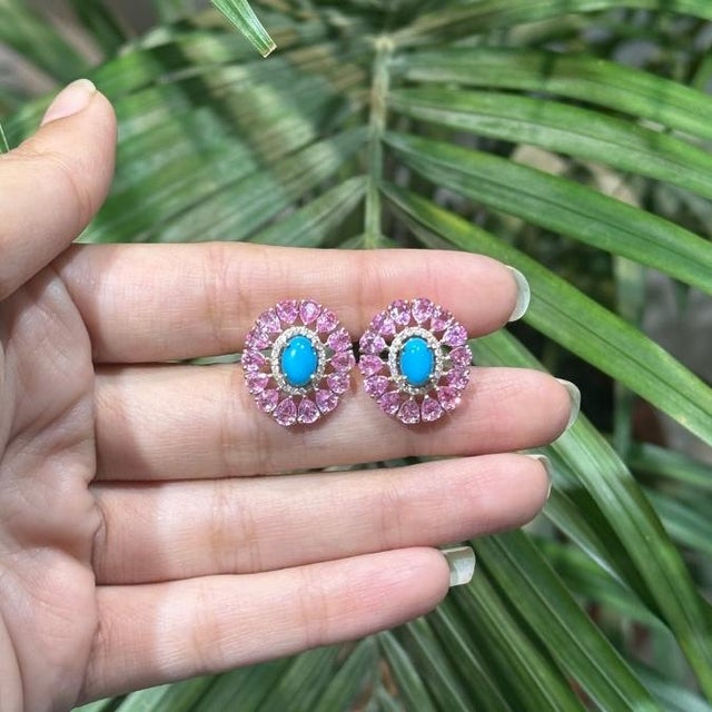 6.32ct Cabochon Turquoise Pink Sapphire & Diamond Floral Stud Earrings 14k Gold- A Pair For Sale - Image 9 of 13