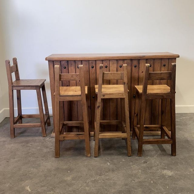 Rustic Wood Bar Counter with Stools, Set of 5 For Sale - Image 15 of 15