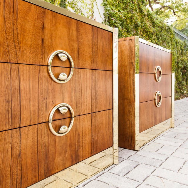1970s 1970s Zebrawood and Brass Three Drawer Commodes by Mastercraft - a Pair For Sale - Image 5 of 12