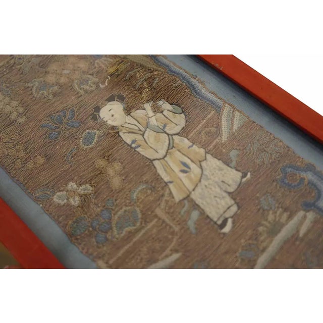 Chinese Antique Textile Small Scatter Size Silk & Metallic Thread Brown Earth Tone, Red For Sale - Image 3 of 7