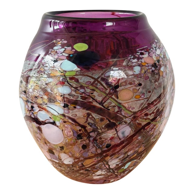 Vibrant Mouth Blown Art Glass Vase in Purple Signed by Artist John Gerletti For Sale