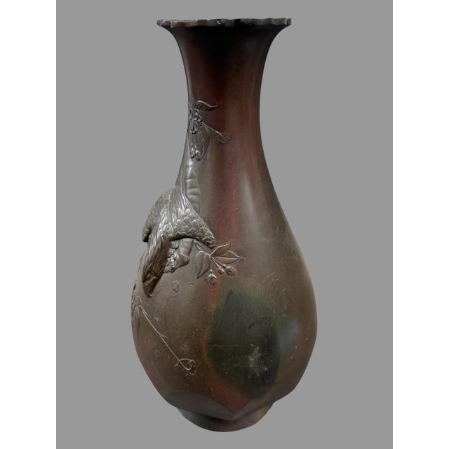 17" Antique Oriental Bronze Vase With Embossed Eagle on Branch For Sale - Image 6 of 11