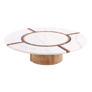 A Large Round Marble & Oak Coffee Table, C. 1980. For Sale